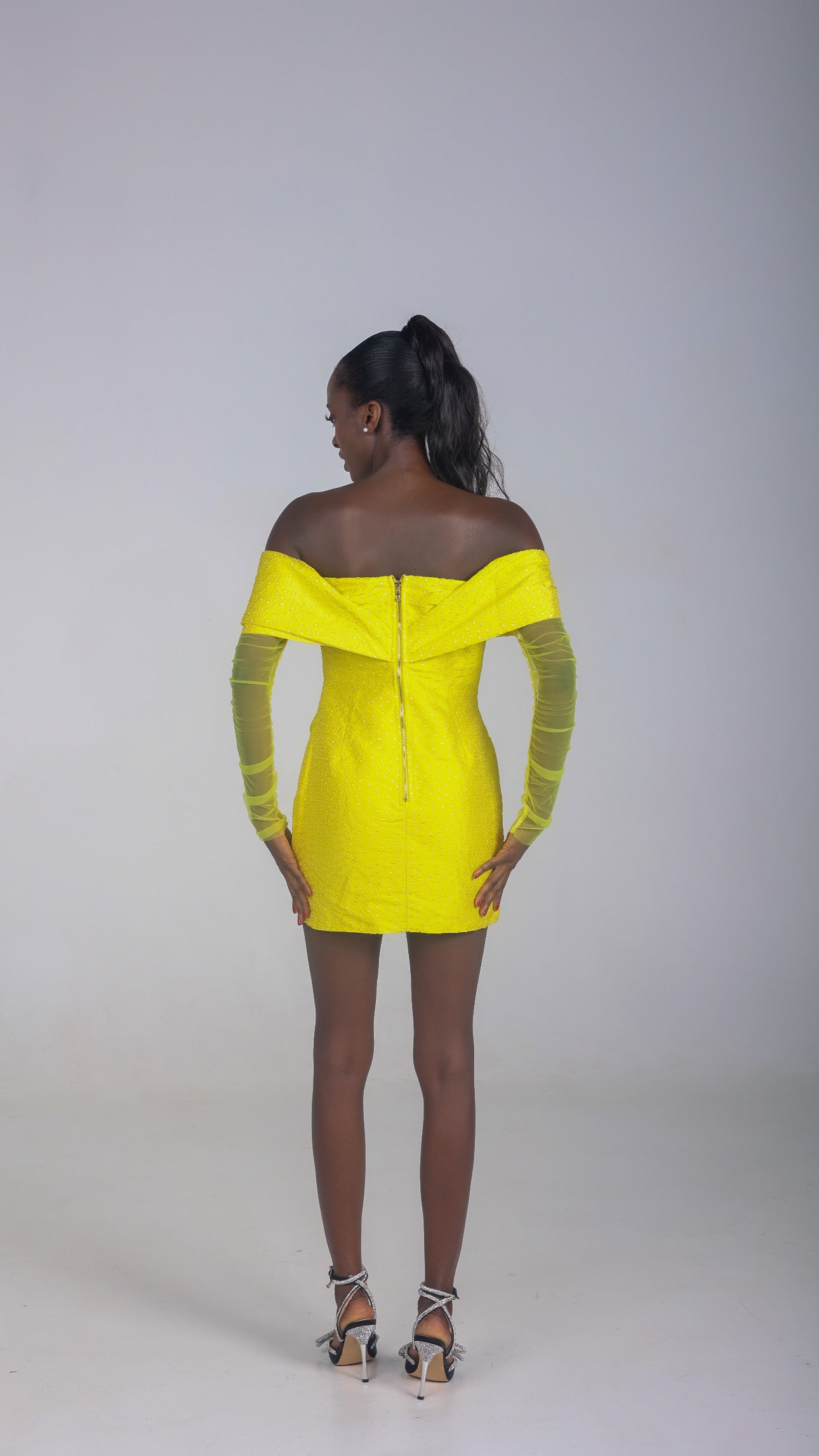ASHLEY YELLOW OFF SHOULDER RUCHED MINI DRESS