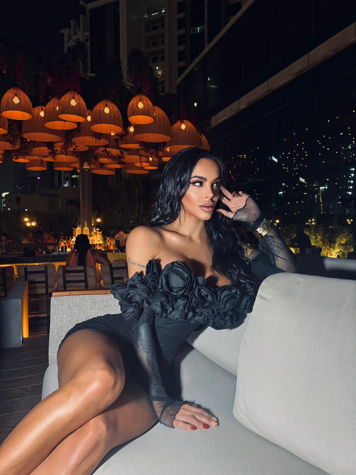 ELINA OFF SLEEVE RUCHED MESH MINI BLACK DRESS.