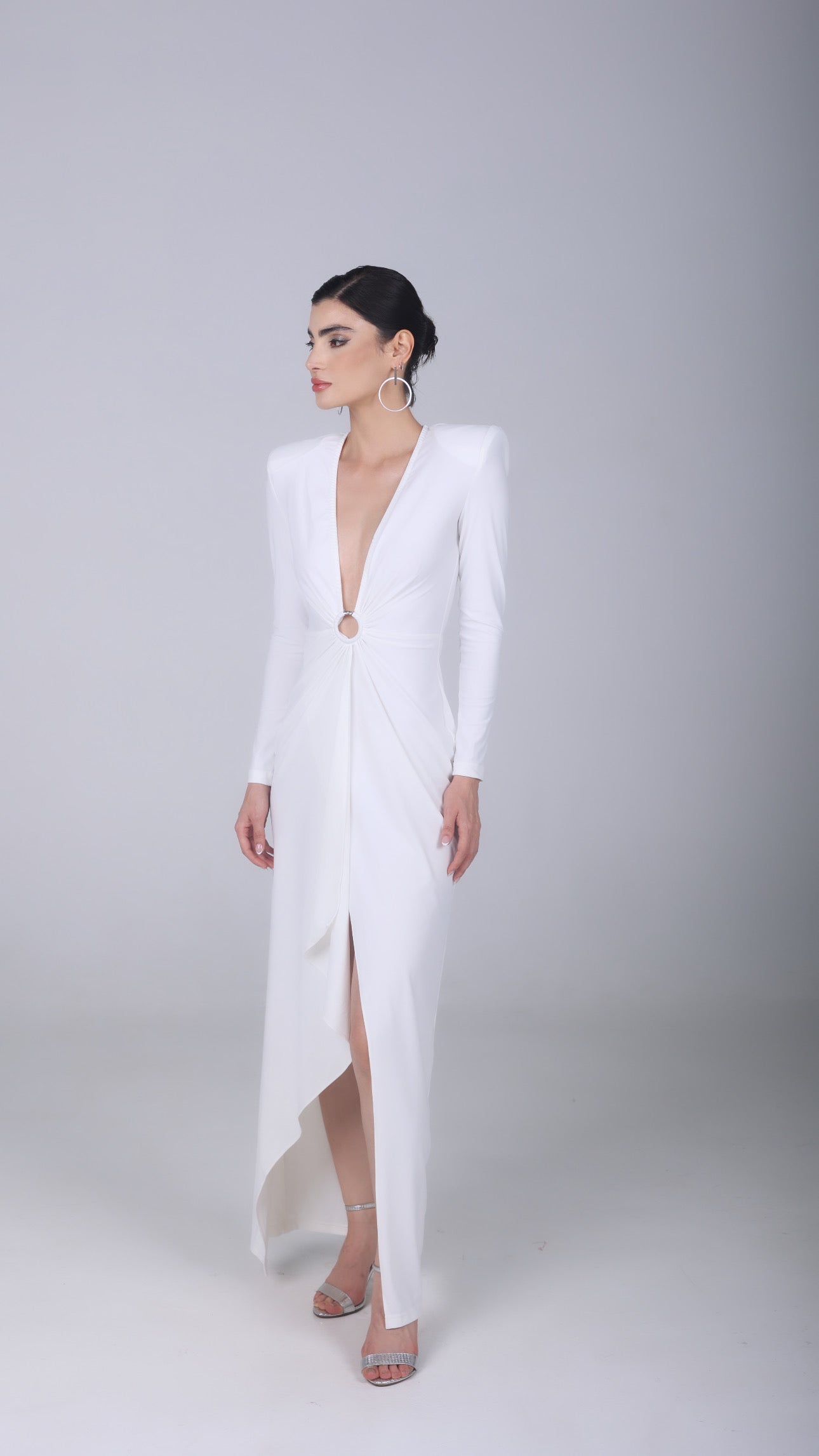 CREMELDA WHITE PLUNGE-NECK DRAPED GOWN