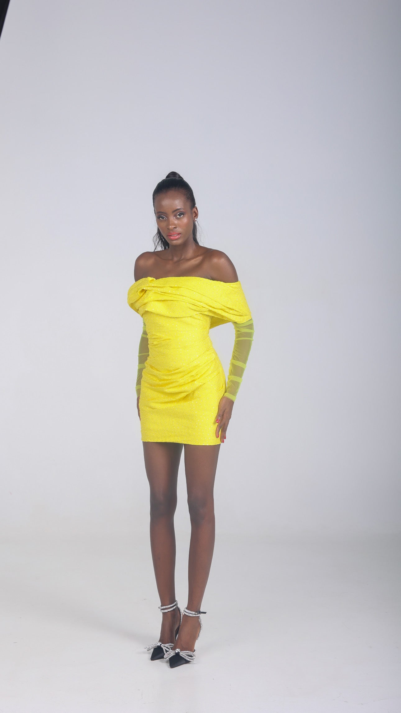 ASHLEY YELLOW OFF SHOULDER RUCHED MINI DRESS