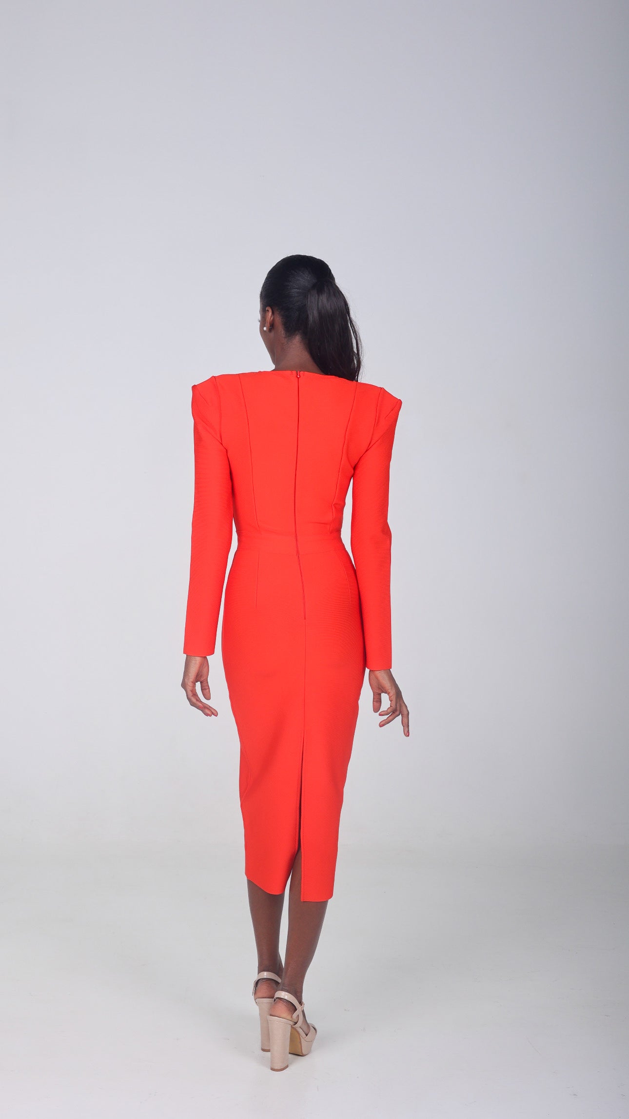 MERABEL RED STAND COLLAR SLIT LONG SLEEVE BANDAGE DRESS
