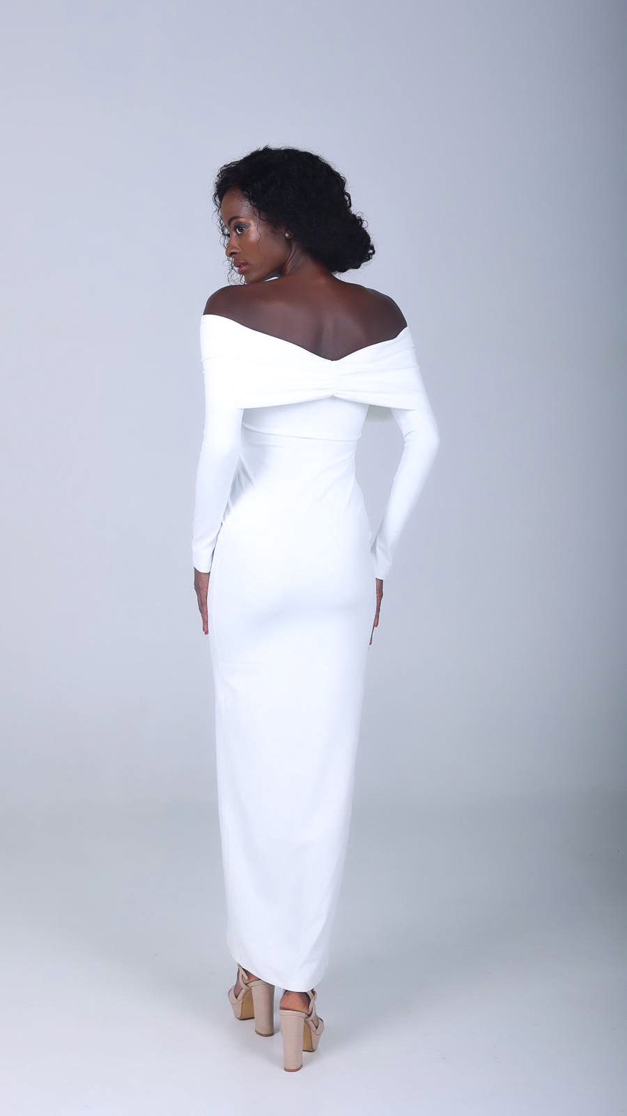 PATRICIA WHITE PLEATED OFF-SHOULDER DRESS