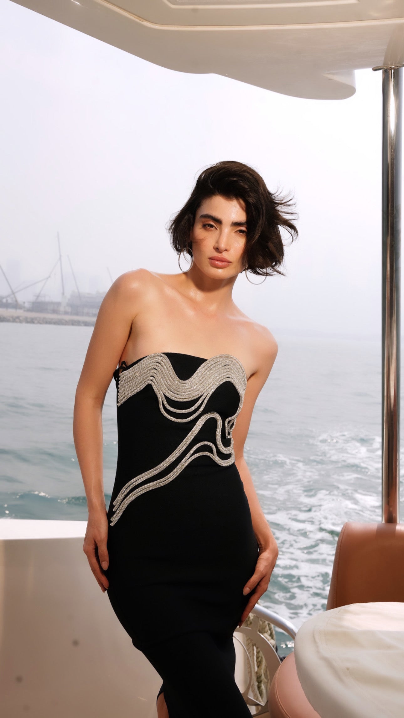 CRYSTAL EMBELLISHED BANDAGE MAXI DRESS BLACK