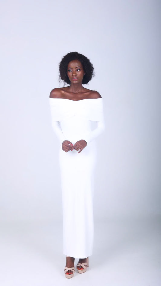 PATRICIA WHITE PLEATED OFF-SHOULDER DRESS