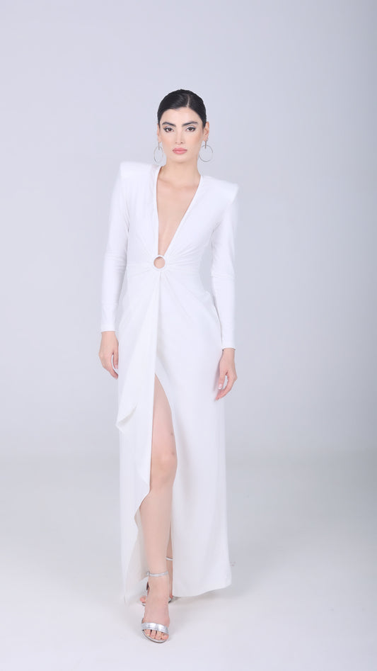 CREMELDA WHITE PLUNGE-NECK DRAPED GOWN