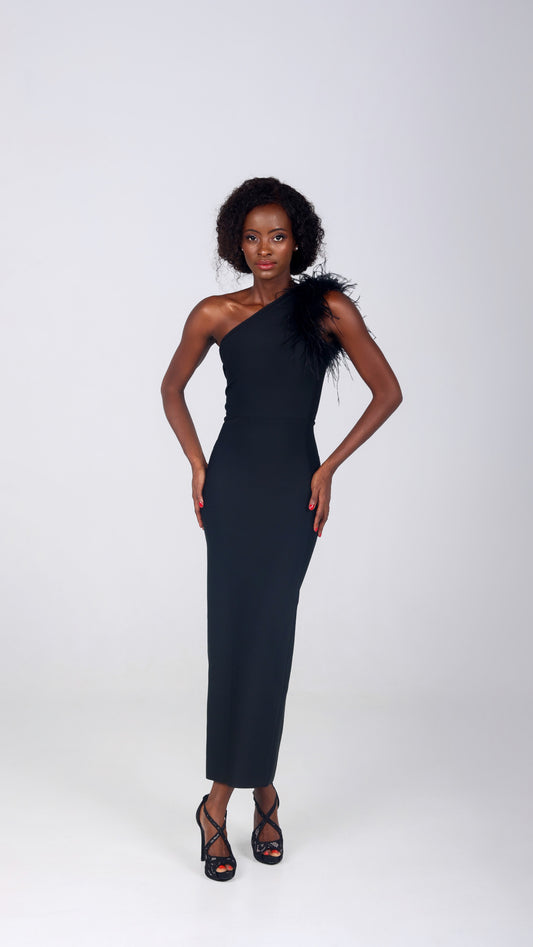 CHANNEL ONE SHOULDER FEATHERS BANDAGE DRESS