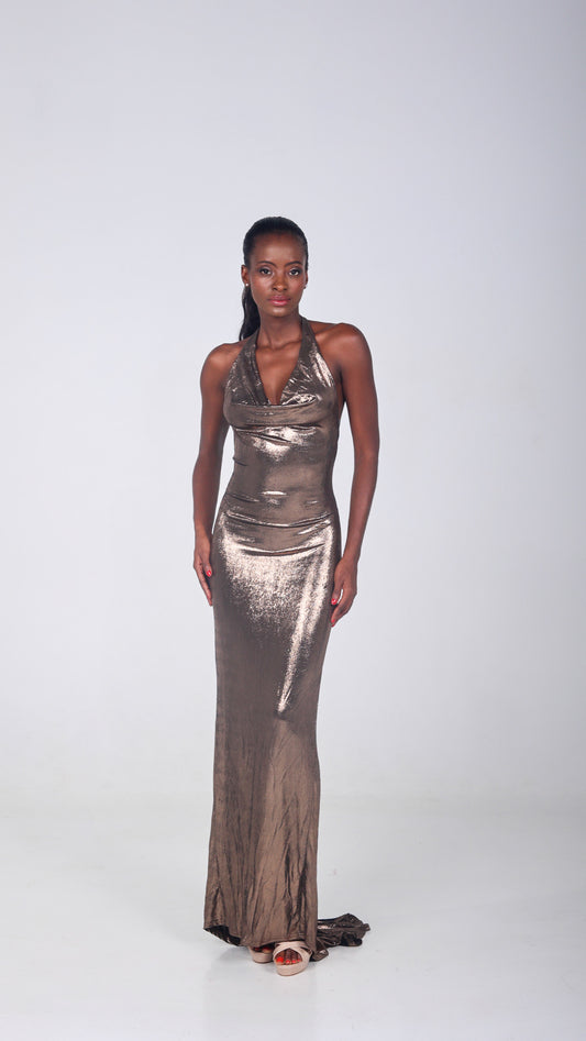 BLESSING METALLIC COWL NECK RUCHED HALTER BACKLESS MAXI DRESS