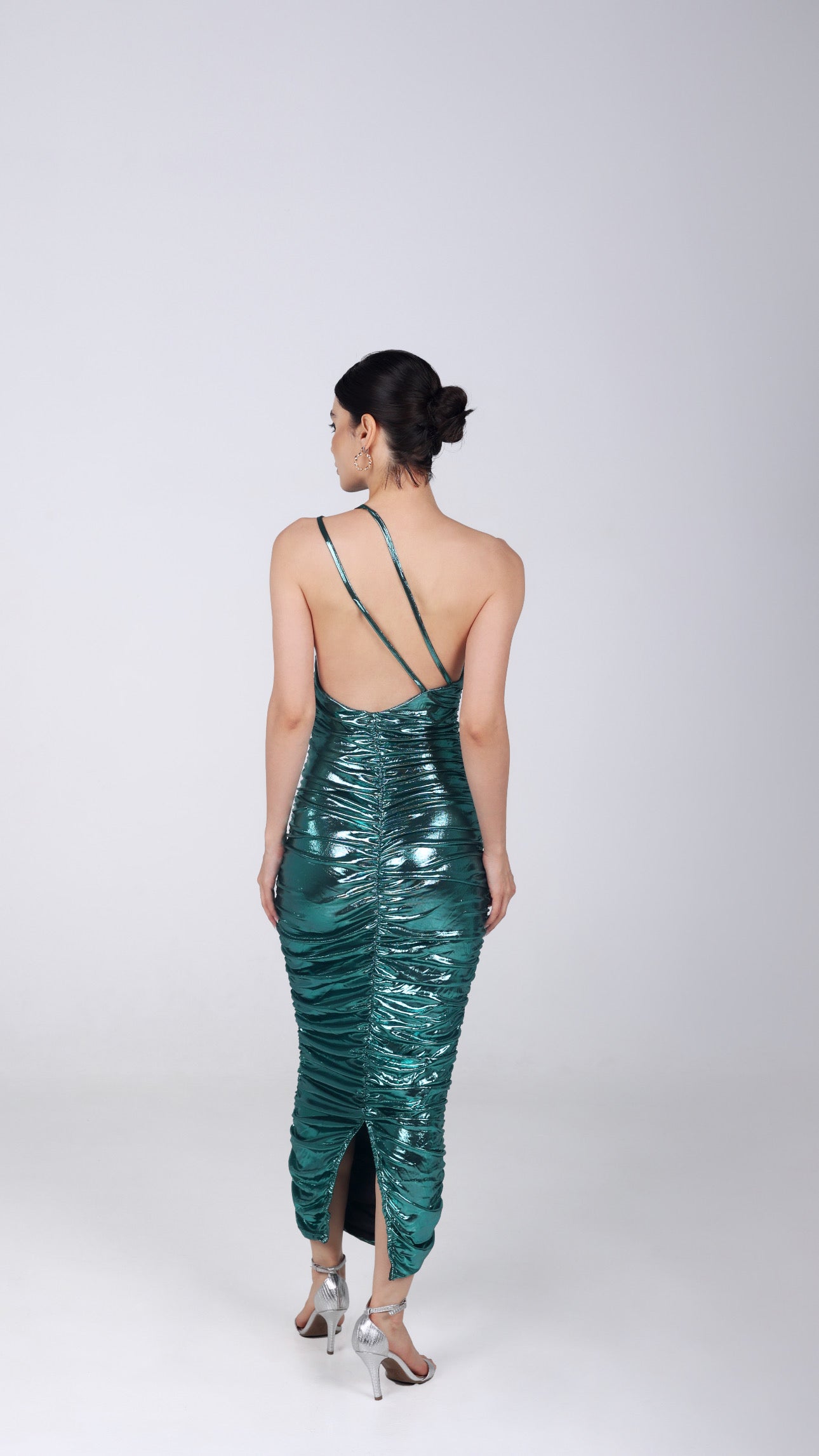 ZARI SHAPE EMERALD GREEN METALLIC RUCHED ONE SHOULDER  DRESS