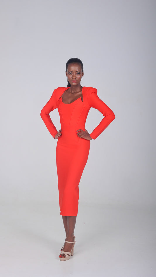 MERABEL RED STAND COLLAR SLIT LONG SLEEVE BANDAGE DRESS